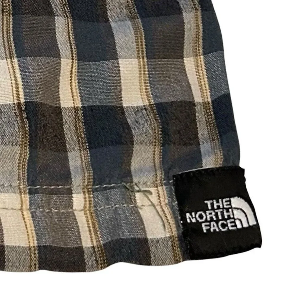 North Face Button Front Shirt Mens Size MED Short Sleeve Blue Gray Plaid Outdoor